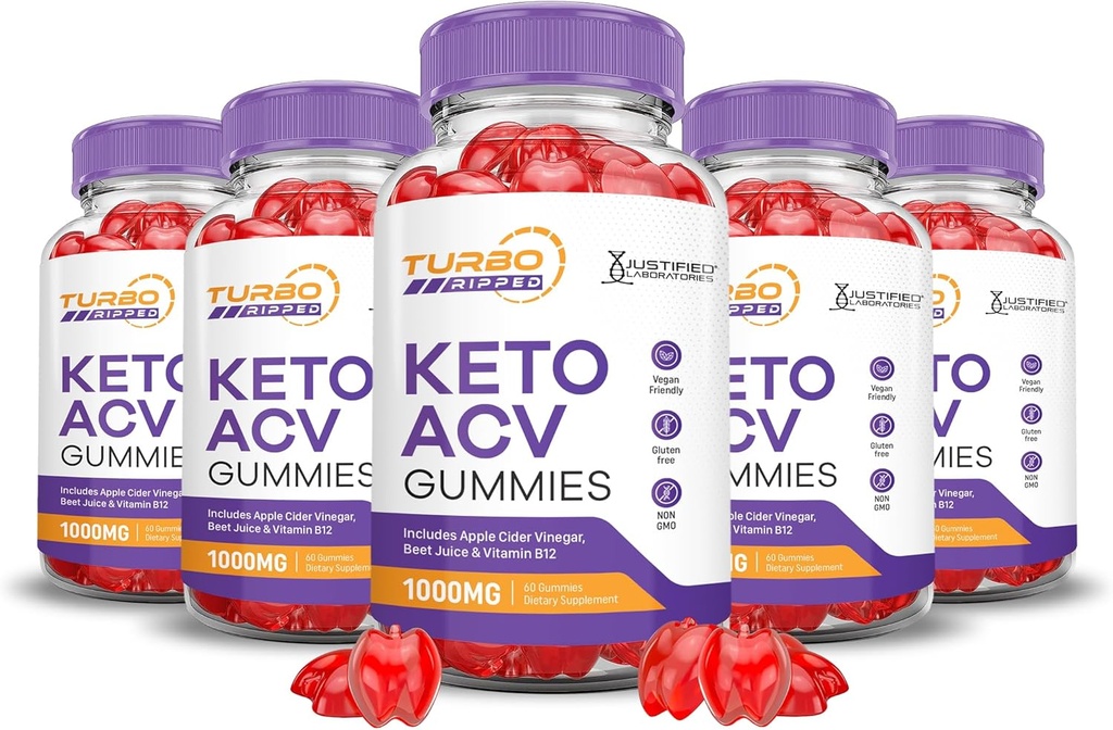 (5 Pack) Turbo Ripped Keto ACV Gummies Formule avancée 1000MG Turbo Ripped Keto Gummies vinaigre de cidre de pomme formulé avec jus de betterave grenade poudre B12 végétalien non OGM 300 Gummys
