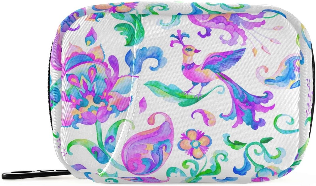 Aquarelle Oiseaux Paisley Pill Box 7 Day Pill Case Sac de voyage Pill Organizer Bag avec zipper Portable Weekly Case Taille compacte pour le support de supplément de vitamine