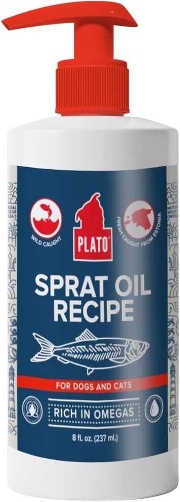 PLATO Pet traite l'huile de poisson pour les chiens - Omega 3 huile pour les chiens - soutient la peau saine et le manteau - recette d'huile de sprat Baltique 8 onces