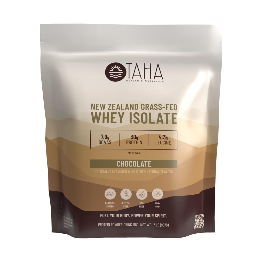 Taha Health & Nutrition Chocolate Whey Protein Isolate Powder, 30g Protein, 7.9g BCAAs, 4.3g Leucine | New Zealand Free-Range, Grass-Fed Dairy | Gluten-Free, Keto, Kosher | 2LB, ~24 Servings