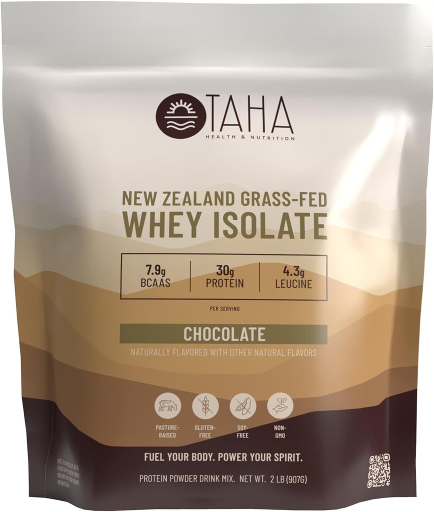 Taha Santé et nutrition Chocolat Whey Protéine Isolate Poudre, 30g Protéines, 7,9g BCAAs, 4,3g Leucine, Nouvelle-Zélande Free-Range, Grass-Fed Dairy.