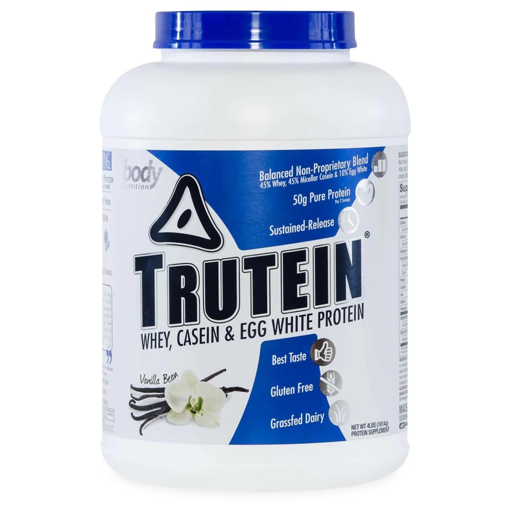 Nutrition corporelle Trutein Poudre à haute teneur en protéines : 45 % Whey, 45 % Caséine, 10 % Mélange à agiter de protéines blanches d'oeufs, sans gluten, faible teneur en sodium, poudre de supplément de protéines à faible teneur en glucides pour les hommes et les femmes, fève de vanille, 4lb