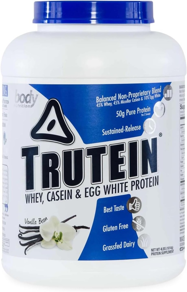 Nutrition corporelle Trutein Poudre à haute teneur en protéines : 45 % Whey, 45 % Caséine, 10 % Mélange à agiter de protéines blanches d'oeufs, sans gluten, faible teneur en sodium, poudre de supplément de protéines à faible teneur en glucides pour les hommes et les femmes, fève de vanille, 4lb