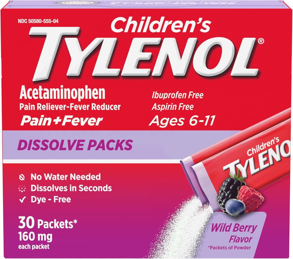 Tylenol pour enfants Dissoudre les boîtes pour soulager la douleur, médicaments contre la fièvre, 160 mg d'acétaminophène, sans colorant, en poudre pour enfants pour soulager les symptômes du rhume et de la grippe; Farine de baies sauvages, 30 ct.; boîte de 1