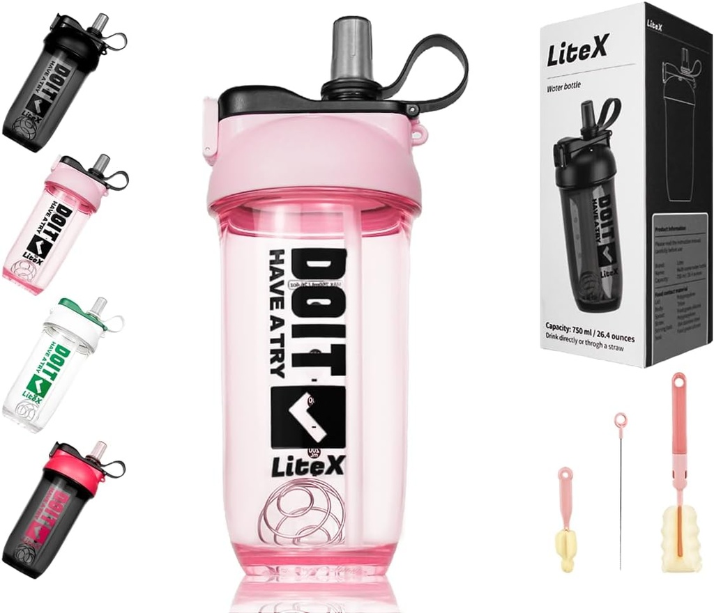 Bouteilles de shaker de litex pour les shakes protéiniques, Bouteille de shaker de mélangeur de 26oz pour pré-entraînement, Bouteilles de shaker avec paille, Bouteilles de mélange Tritan sans BPA pour poudre de protéines, avec pinceau de tasse et instructions (Pink)