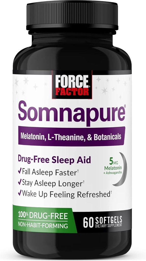 FACTEUR DE FORCE Somnapure Softgels Aide au sommeil pour les adultes atteints de mélatonine, d'ashwagandha, de racine valériane et de baume citron, 60 softgels