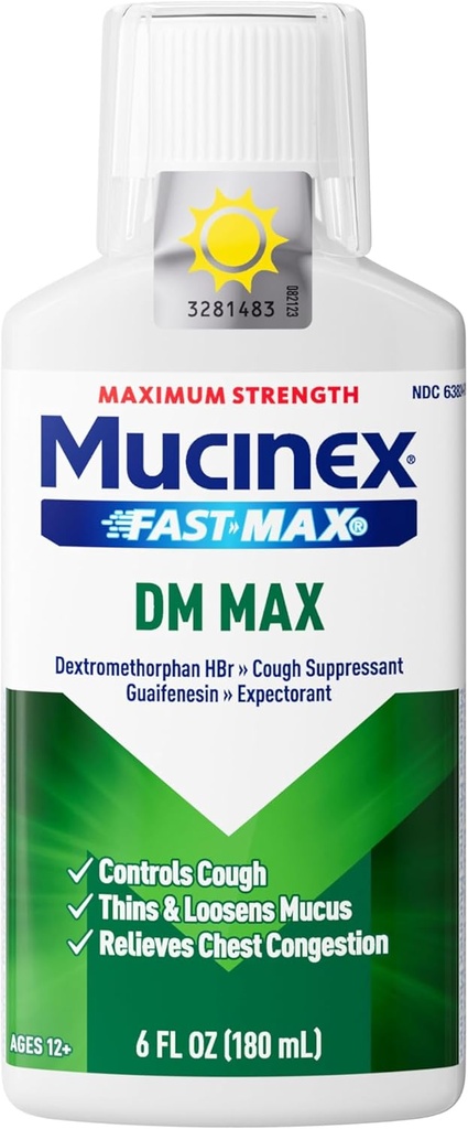 Mucinex DM Max Liquid Cough & Cold Medicine for Adults, Cold and Flu Medicine for Excess Mucus Relief, Guaifenesin & Dextrométhorphan Expectorant & Defongestant for Adults, Dr Recommandé, 6,0 Fl Oz