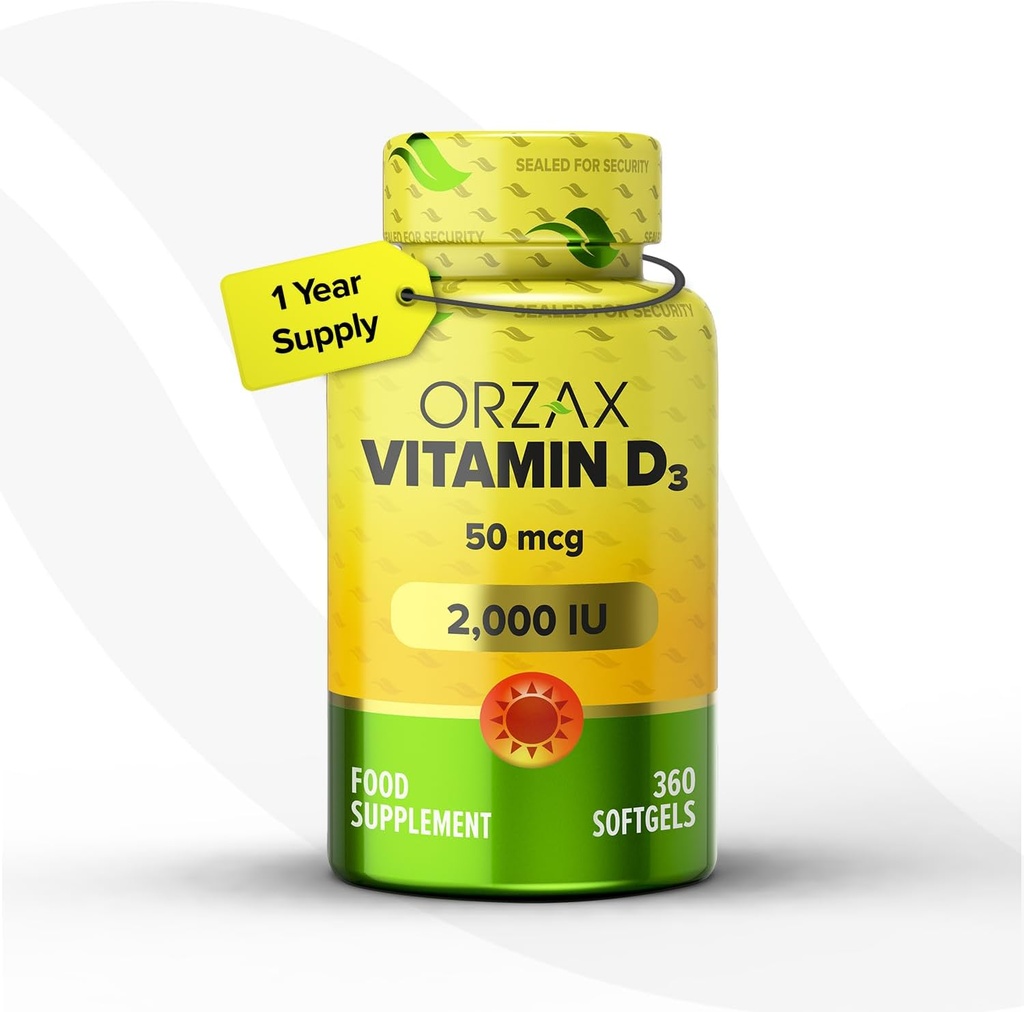 ORZAX Vitamine D3 2000 iu (50 mcg) – Non-OGM, sans gluten, sans sucre, sans lait – 1 an d'approvisionnement pour la fonction musculaire forte et le soutien immunitaire – supplément d'humeur pour le bien-être (360 Softgel)