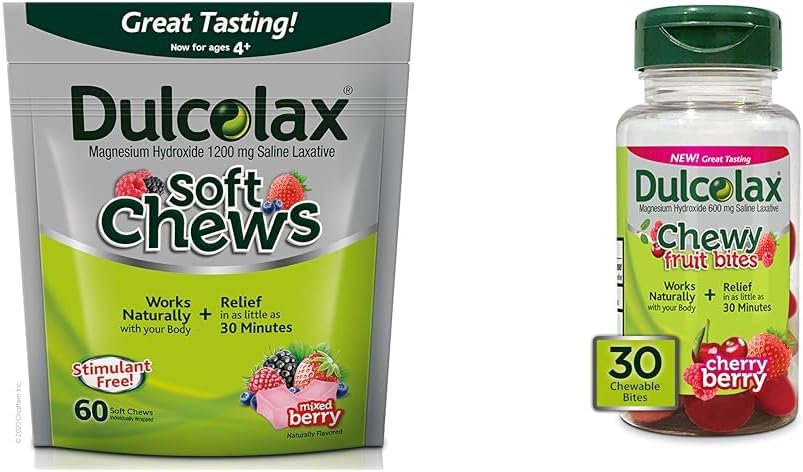 Dulcolax Soft Chews Saline Laxative Mixed Berry (60ct) Gentle Constipation Relief & Chewy Fruit Bites, Saline Laxative, Cherry Berry (30ct) Cramp-Free Constipation Relief