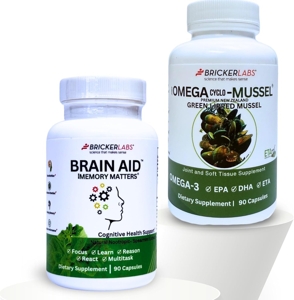 Bricker Labs Mind & Motion: Ensemble de soutien conjoint santé et cognitif: Omega Cyclo - Mussel Full Spectrum Omega Joint Support and Cervical Aid Memory Matters Supplément de soutien cognitif,