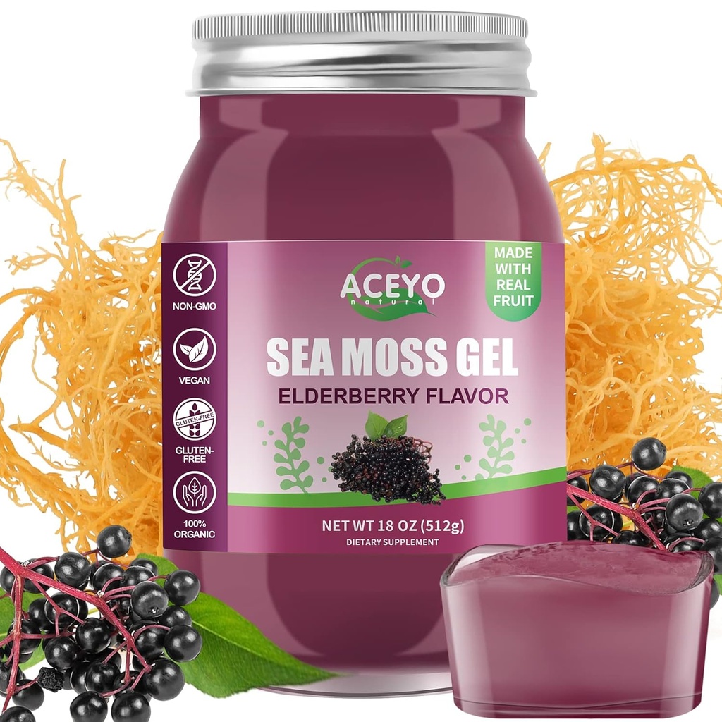 ACEYO (18 OZ) Irish Elderberry Sea Moss Gel Bio Végétalien cru Saveur 102 Vitamines et minéraux Wild Harvested Non-GMO Immune Defense Booster Thyroïde Soutien digestif