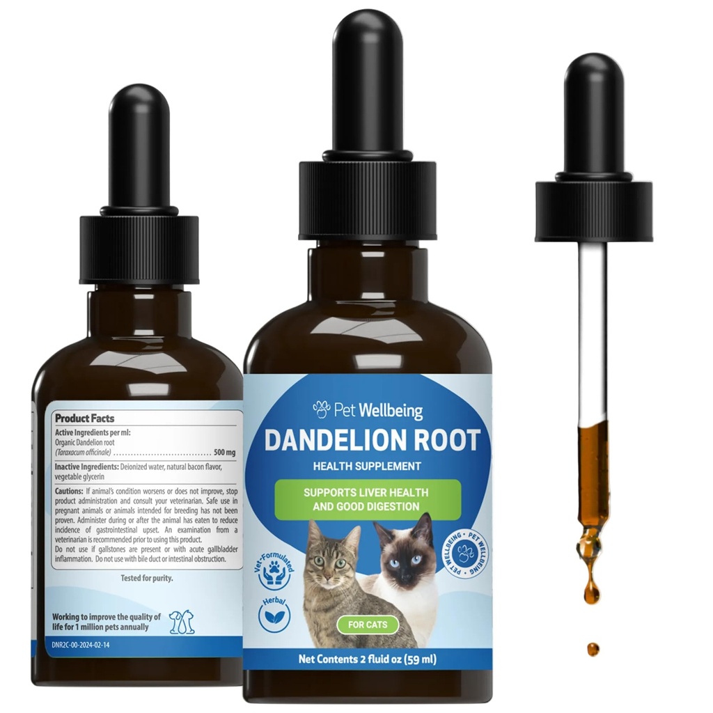 Animaux de compagnie Bien-être Racine de dandelion pour chats - Foie et santé cardiaque, Fonction digestive, Soutien du sucre de sang, biologique certifié - Vétérinaire-formulé supplément à base de plantes 2 oz (59 ml)