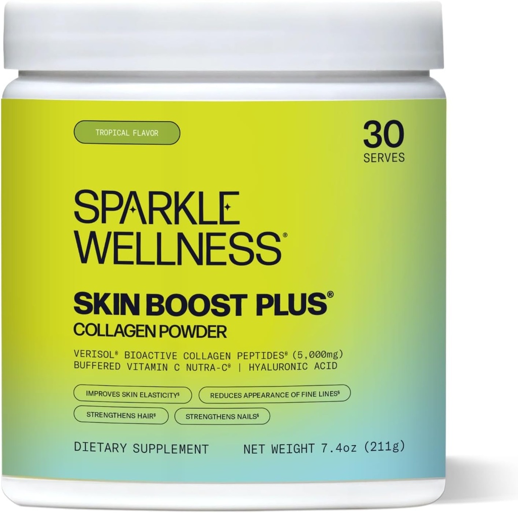 Sparkle Wellness VERISOL Bioactive Hydrolyzed Collagen Peptides , supplément en poudre de collagène avec vitamine C et acide hyaluronique pour la santé des cheveux, de la peau et des ongles , Skin Boost Plus (Tropical) [30-Serves]