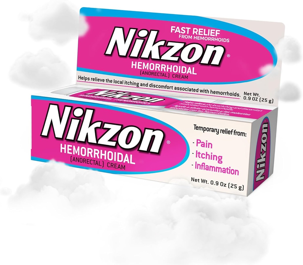 Nikzon Crème hémorrroïde : double effet pour la douleur et l'enflure, en chiffres Aire anorectale irritée, formule apaisante et rapide d'action, traitement hémorrragique double action, 0,9 Oz, 1-Pack