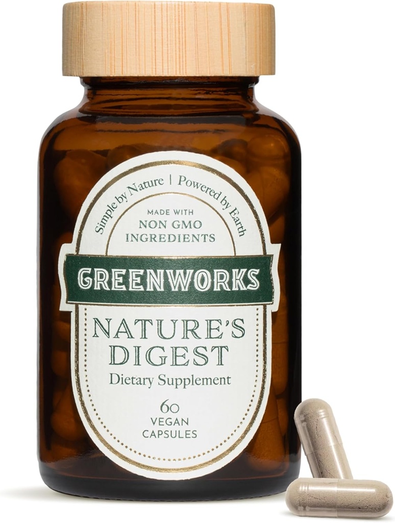 Greenworks Nature's Digest Probiotics with Organic Digest Enzymes, Prebiotics & Fibre - 10 milliards CFU, 3 souches - Gut Health Supplement, 60 capsules