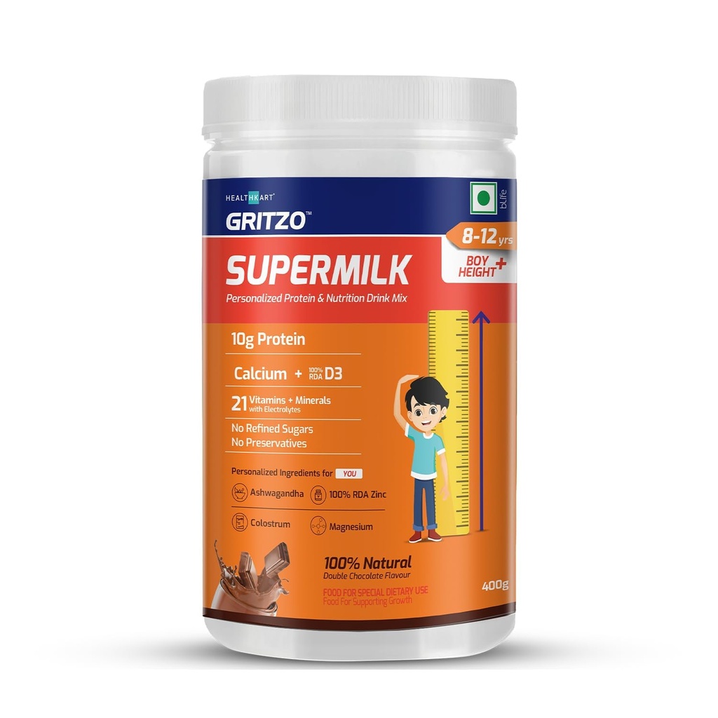 ATS Superlait Hauteur+ pour les garçons de 8 à 12 ans, boisson de santé personnalisée pour les enfants, haute protéine (10 G) avec calcium + D3,21 Vitamines et minéraux, sucre raffiné zéro, 100 % chocolat double naturel, 400 G, poudre
