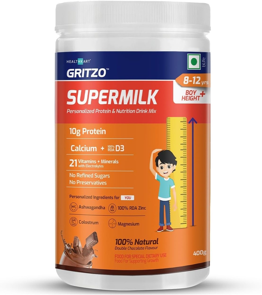 ATS Superlait Hauteur+ pour les garçons de 8 à 12 ans, boisson de santé personnalisée pour les enfants, haute protéine (10 G) avec calcium + D3,21 Vitamines et minéraux, sucre raffiné zéro, 100 % chocolat double naturel, 400 G, poudre