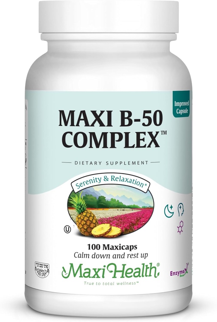 Maxi Health Vitamin B Complex – High Potency B Complex Vitamins B-50 with B1, B2, B3, B6, B12, Biotin & Folate – Support Cellular Energy & Mental Clarity – Kosher – 100 Capsules