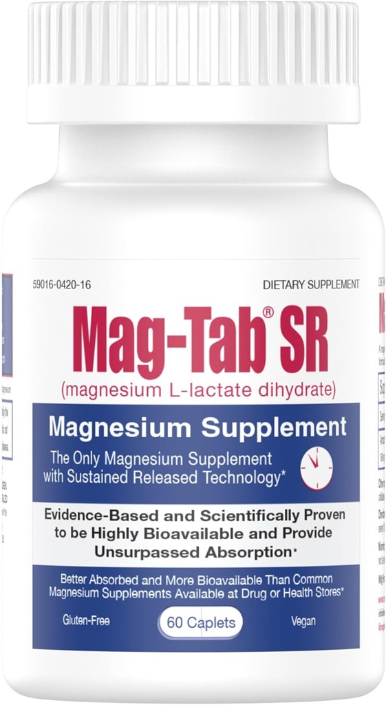 Extended Release Magnesium Lactate Delivery for 10x Better Absorption-Mag-Tab SR (Sustained Release) 60 Count-Supports Sleep, Muscle Cramps, Magnesium Deficiency Health Issue (60)