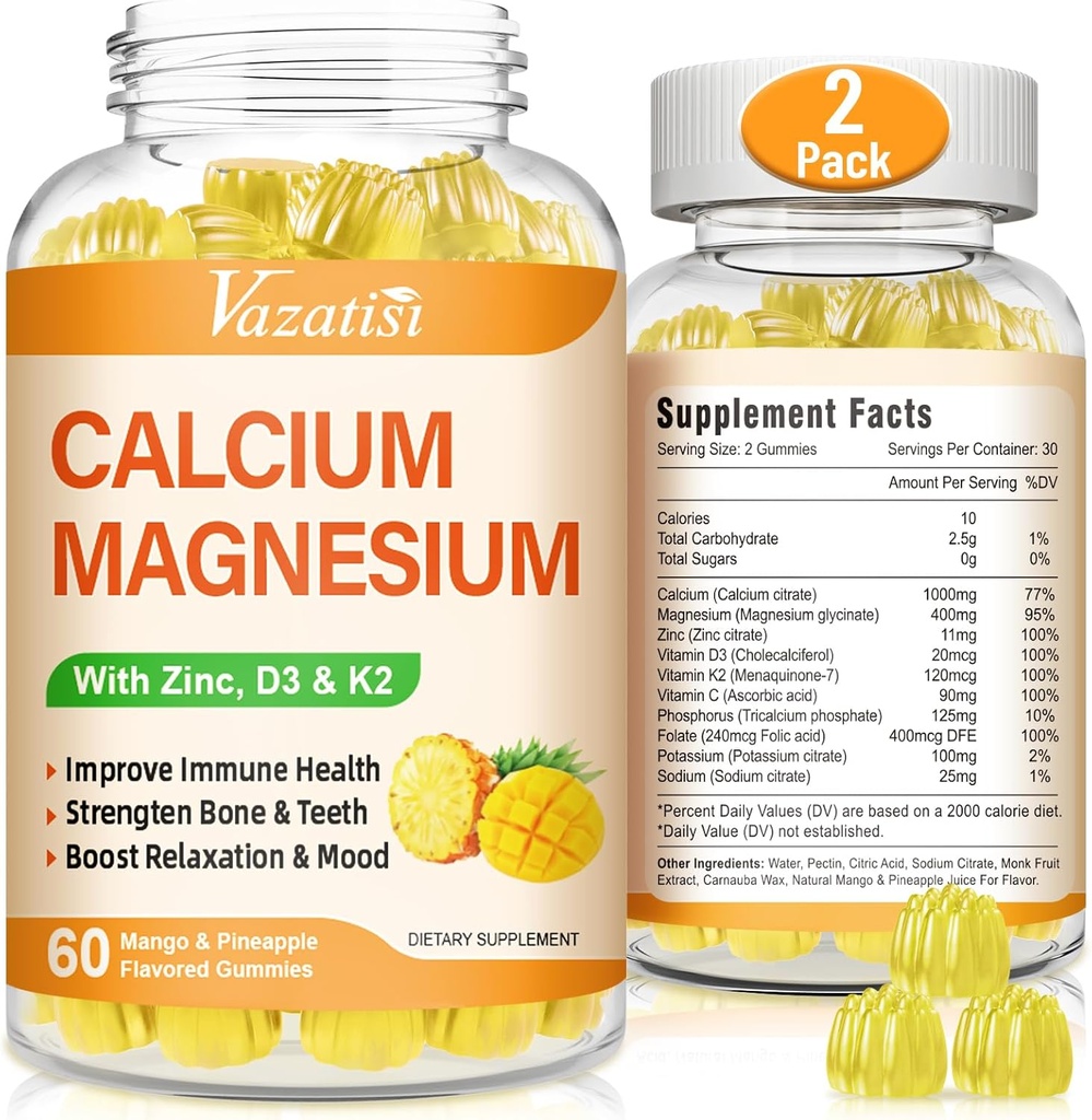 Gommies au zinc de magnésium de calcium avec vitamine D3 et K2, potassium glycinate de magnésium d'absorption élevée pour l'humeur immune et calme, la mangue végane et les ananas 120 Gommies