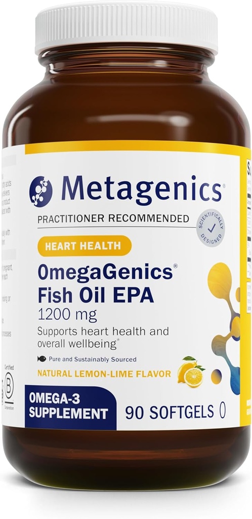 Métagène OmegaGenics Fish Oil EPA 1200 - Supplément à l'huile de poisson Omega-3 - pour la santé cardiaque et le système immunitaire Santé* - 90 Softgels