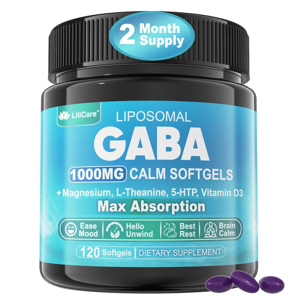 Supplément GABA - 1000 mg Forme liposomique pour Absorption optimale, GABA avec L-Theanine, Magnésium Glycinate, 5HTP, Vitamine D3 pour Calme, Relaxation, Mood, Nuit reposante - Sans Melatonine 120 Softgels.