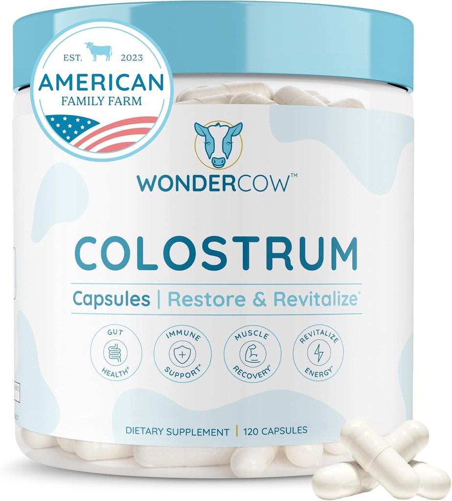 WONDERCOW Capsules Colostrum Supplément pour la santé de Gut, le soutien immunitaire, la récupération musculaire et le bien-être
