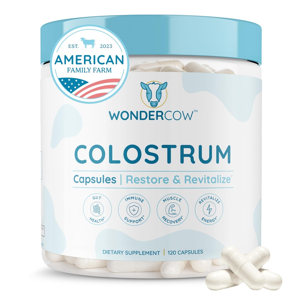 WONDERCOW Capsules Colostrum Supplément pour la santé de Gut, le soutien immunitaire, la récupération musculaire et le bien-être