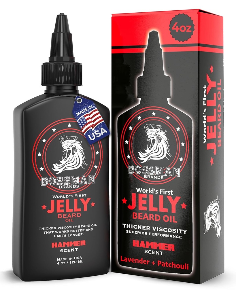 Bossman Jelly Bead Oil for Men (4 onces, Hammer Scent) – Adoucit, hydrate et conditions avec des ingrédients naturels