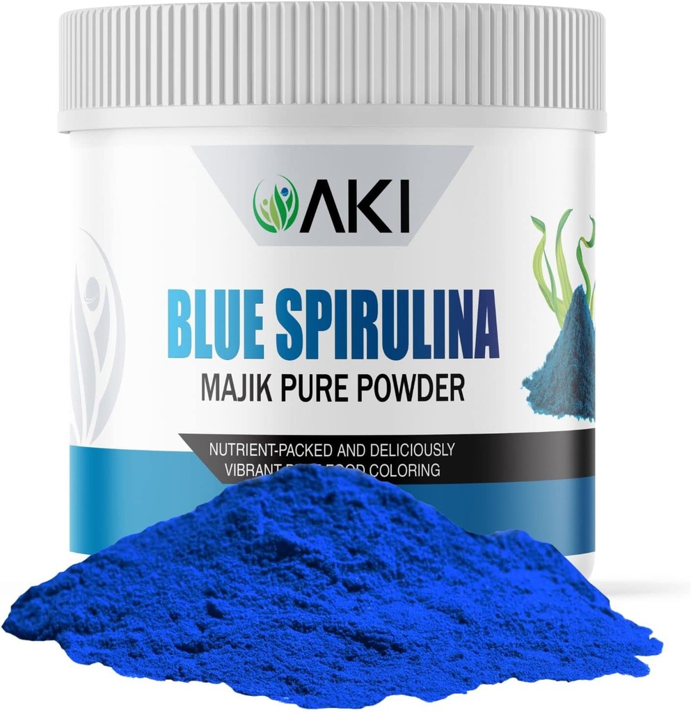 AKI E18 Grade Blue Spiruline Powder Pack – Superfood Phycocyanine ultra concentré – Bleu profond, végétalien et non-OGM – Idéal pour les smoothies, crème glacée, yaourt ou pâtisseries – 2oz/57g