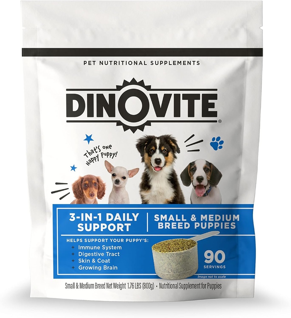 Dinovite 3 en 1 Probiotique pour les chiots, la peau et le manteau, la santé digestive et le soulagement articulaire, les couvre-aliments pour chiens, l'huile de saumon, la glucosamine, le soulagement de l'allergie et du démangeaison soins de la peau, 90 portions (pouppie)