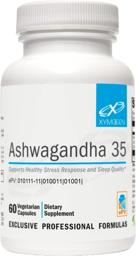 XYMOGEN Ashwagandha 35 - Racine d'Ashwagandha brevetée et purifiée + Extrait de feuille (35% Withanolide Glycosides) - Soutient la réponse au stress sain, la relaxation et le repos nocturne de qualité (60 capsules)