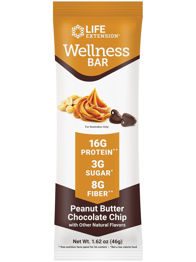 Life Extension Wellness Bar (Peanut Butter Chocolate Chip) – 16 g of Protein, 8 g of Fiber, 3 g of Sugar – Cacao Chocolate Chips, Whey Protein Isolate Blend – Snack Bars, Gluten-Free – Individually