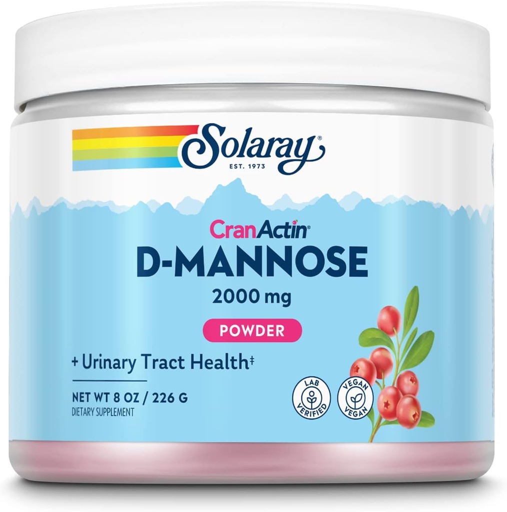 SOLARAY D-Mannose avec CranActin Cranberry AF Extract Powder, 2000 mg, 400 mg d'extrait de canneberge, Healthy Urinary Tract Support, Saveurs naturelles organiques, 30 portions, 8 oz