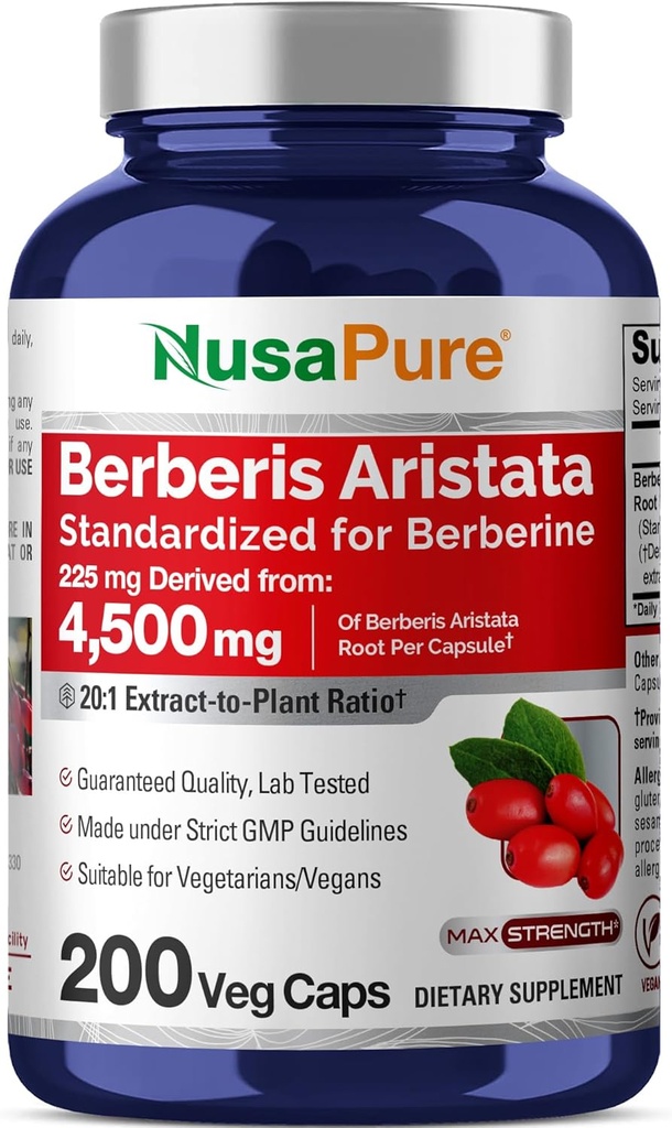 NusaPure Berberine HCI 20:1 Extrait, 225 mg Équivalent à 4 500 mg - 200 Véggie Caps - (Végétarien, non-OGM, végétalien)