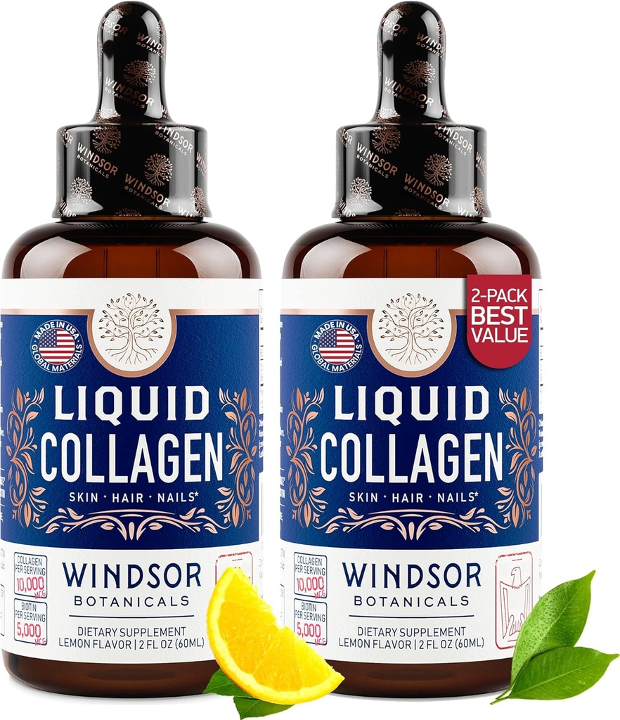 BOTANICAUX WINDSOR Collagène liquide pour les femmes et les hommes - Cheveux, peau, ongles Vitamines - Lemon Saveur Collagène Peptides Boissons de croissance des cheveux - 5 000mcg Biotine, 10 000mcg - É.-U. Fabriqué - 2x2oz
