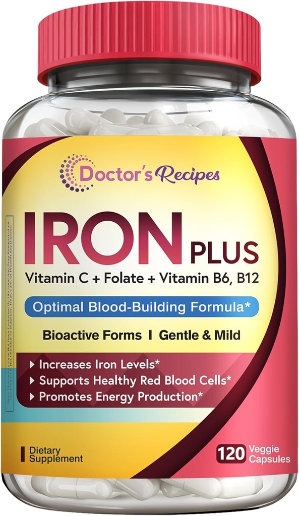 Recettes de médecin Supplément de fer pour les femmes hommes - Bisglycinate de fer doux avec vitamine C, B6, Folate et B12 - Pilules de fer non constipantes et stomach amicales pour le soutien du sang et de l'énergie, 120 bouchons végétaliens