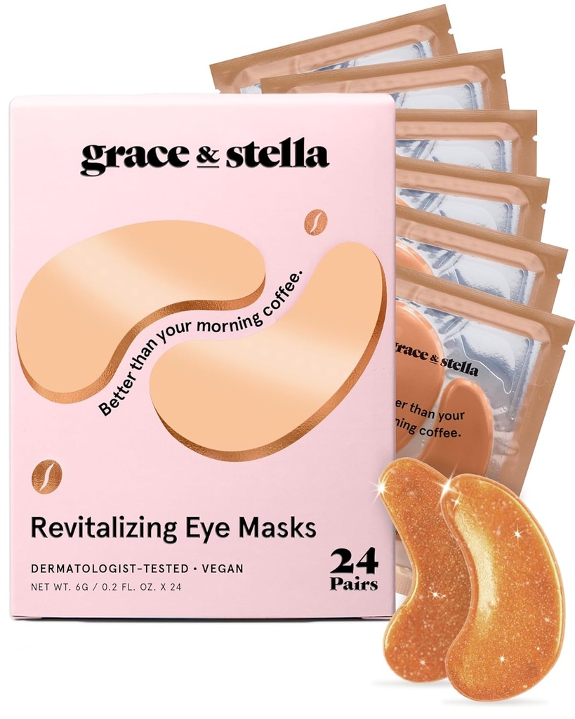 grace & stella Caffeine sous les yeux - Patches d'éveil des yeux pour les yeux puants et les cercles noirs - Patches de masque sous les yeux avec Niacinamide et acide hyaluronique - végétalien, sans cruauté (Bronze, 24 paires)