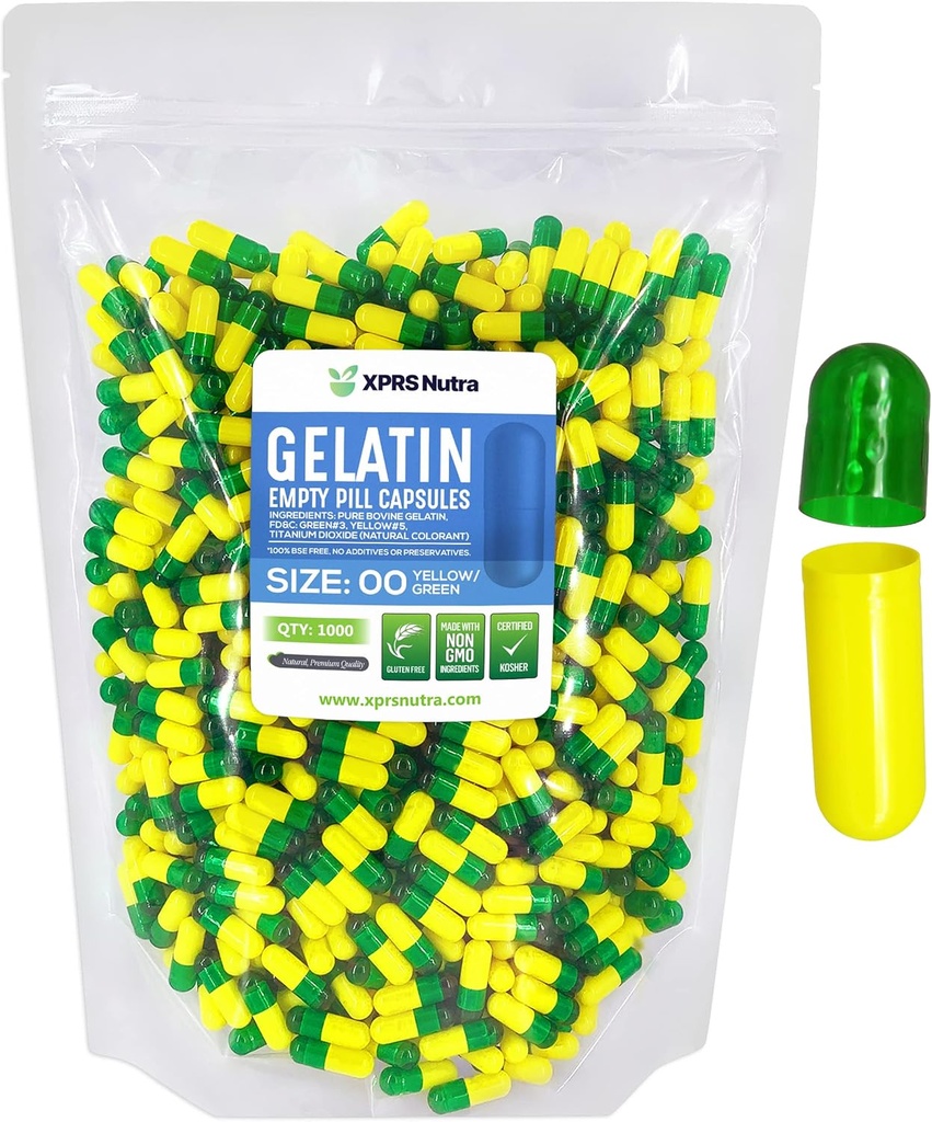 XPRS Nutra Size 00 Capsules vides - 1000 Capsules de gélatine vides - Pills Bricolage Capsule Remplissage - Gel de pilules rechargeables pour les suppléments Do-It-Youlf (Green/Yellow)
