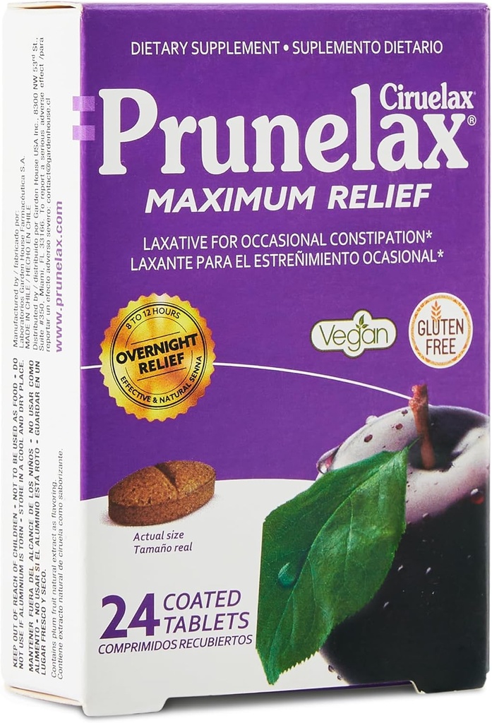 Prunelax Ciruelax Comprimés Laxatifs Maximaux avec Senna Naturel pour Constipation Occasionnelle, Extrait de Senna, Vegan & Sans Gluten, Senna doux pour la nuit - 24ct