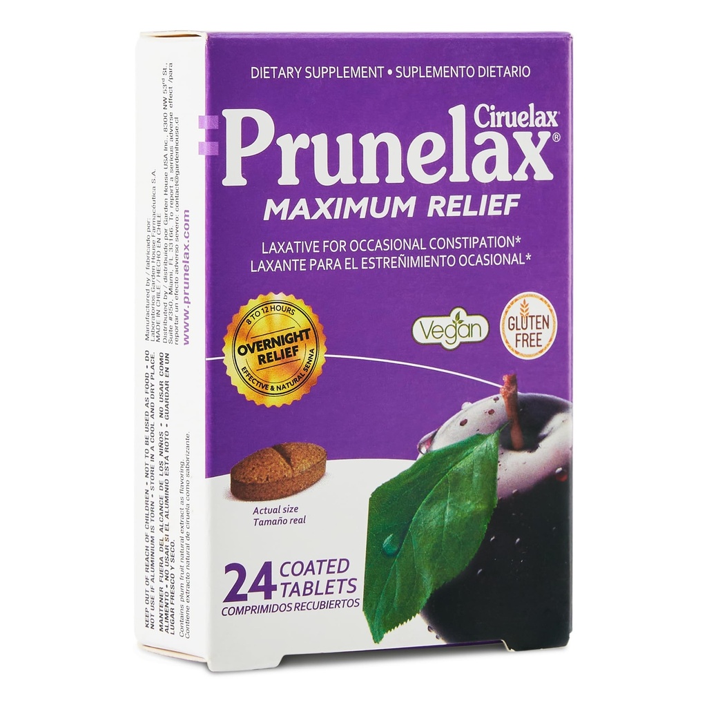 Prunelax Ciruelax Comprimés Laxatifs Maximaux avec Senna Naturel pour Constipation Occasionnelle, Extrait de Senna, Vegan & Sans Gluten, Senna doux pour la nuit - 24ct