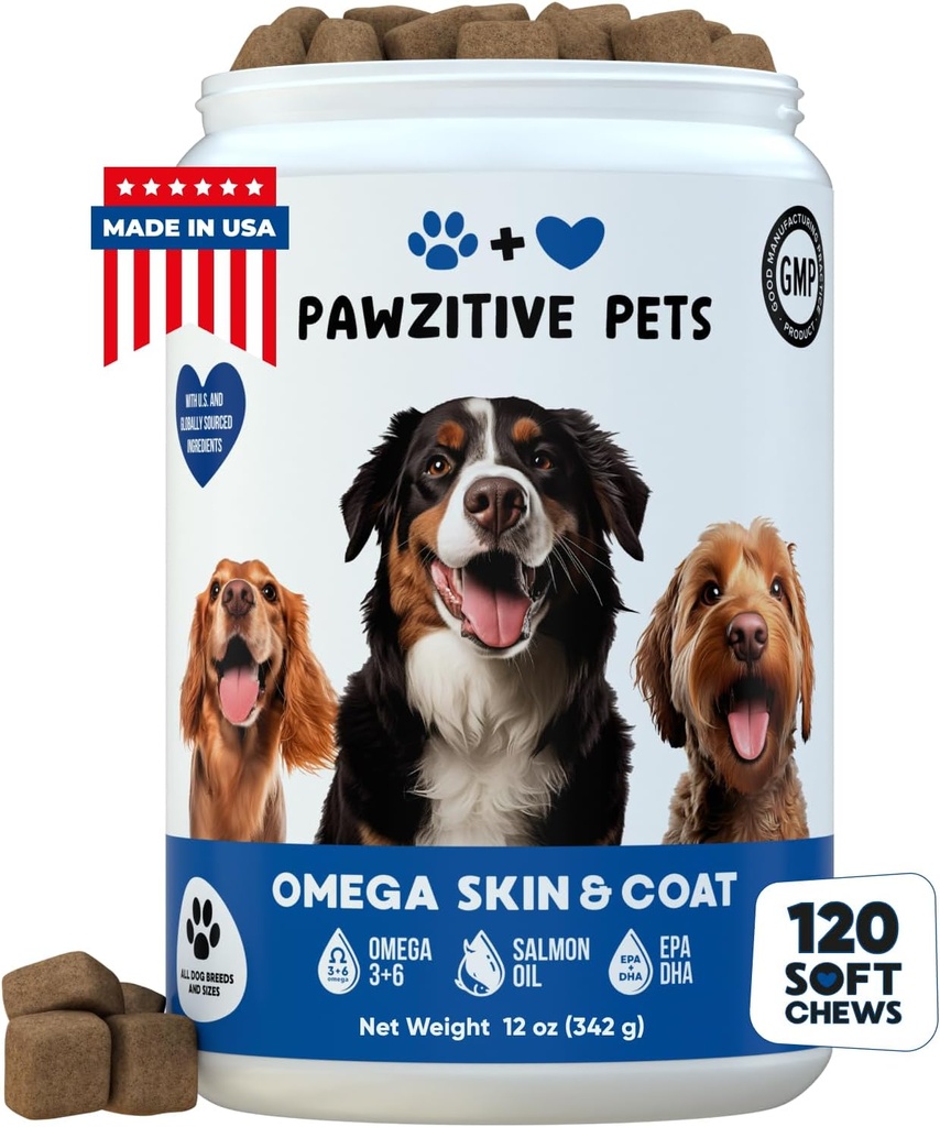 Chews for Dogs, Omega 3 Fish Oil - Dog Coat & Skin Supplement - États-Unis Produit - Démangeaison, traitement à la tache chaude - Huile de saumon pour chiens - 120 Soft Treats - Démangeaisons de peau, Shedding, Hip & Joint