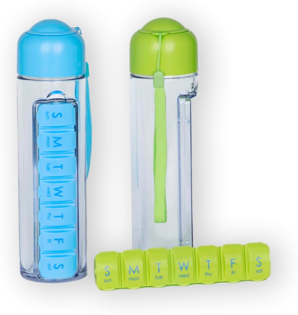 Bouteille d'eau et organisateur de pilules - Bouteille d'eau de voyage de 400ml avec cas de pilule hebdomadaire de 7 jours - Porte-vitamine de planificateur de médecine avec brosse de nettoyage gratuite. Parfait pour les sports et les voyages (Blue)