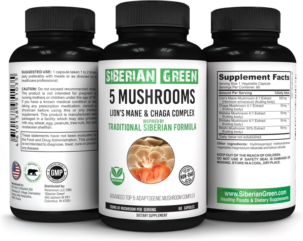 Vert Sibérien 5 Champignons Lions Mane Chaga Shiitake Maitake Reishi - 60 Capsules