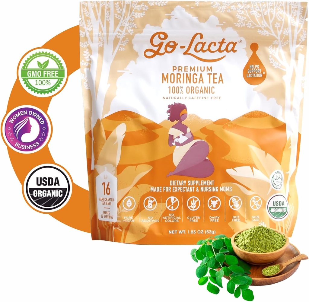 Go-Lacta Bio Moringa Tea – Augmenter l'approvisionnement en lait maternel – Thé d'allaitement naturel pour les mamans allaitantes – Galactagogue à base de plantes sans caféine – Sûr prénatal – 32 portions