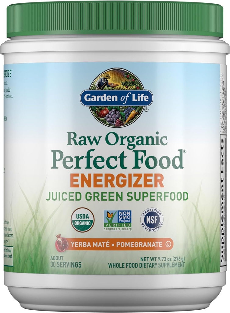Jardin de la vie Raw Organic Perfect Food Energizer Juiced Green Superfood Poudre - Yerba Mate grenade, 30 portions, Green Superfood Poudre et probiotiques, Sans gluten aliments entiers suppléments verts