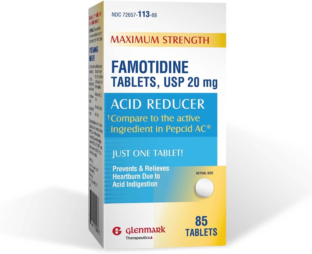 Glenmark Comprimés famotidine à concentration maximale, 20 mg, réducteur acide pour le soulagement des brûlures d'estomac, 85 Compte