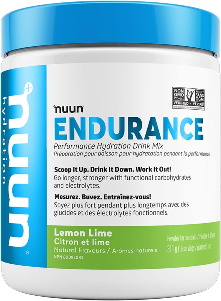 Poudre d'endurance Nuun Hydratation, Lime citron, Support d'entraînement,5 électrolytes essentiels pour l'hydratation + glucides, végétalien, non-OGM, (16 portions - boîte)