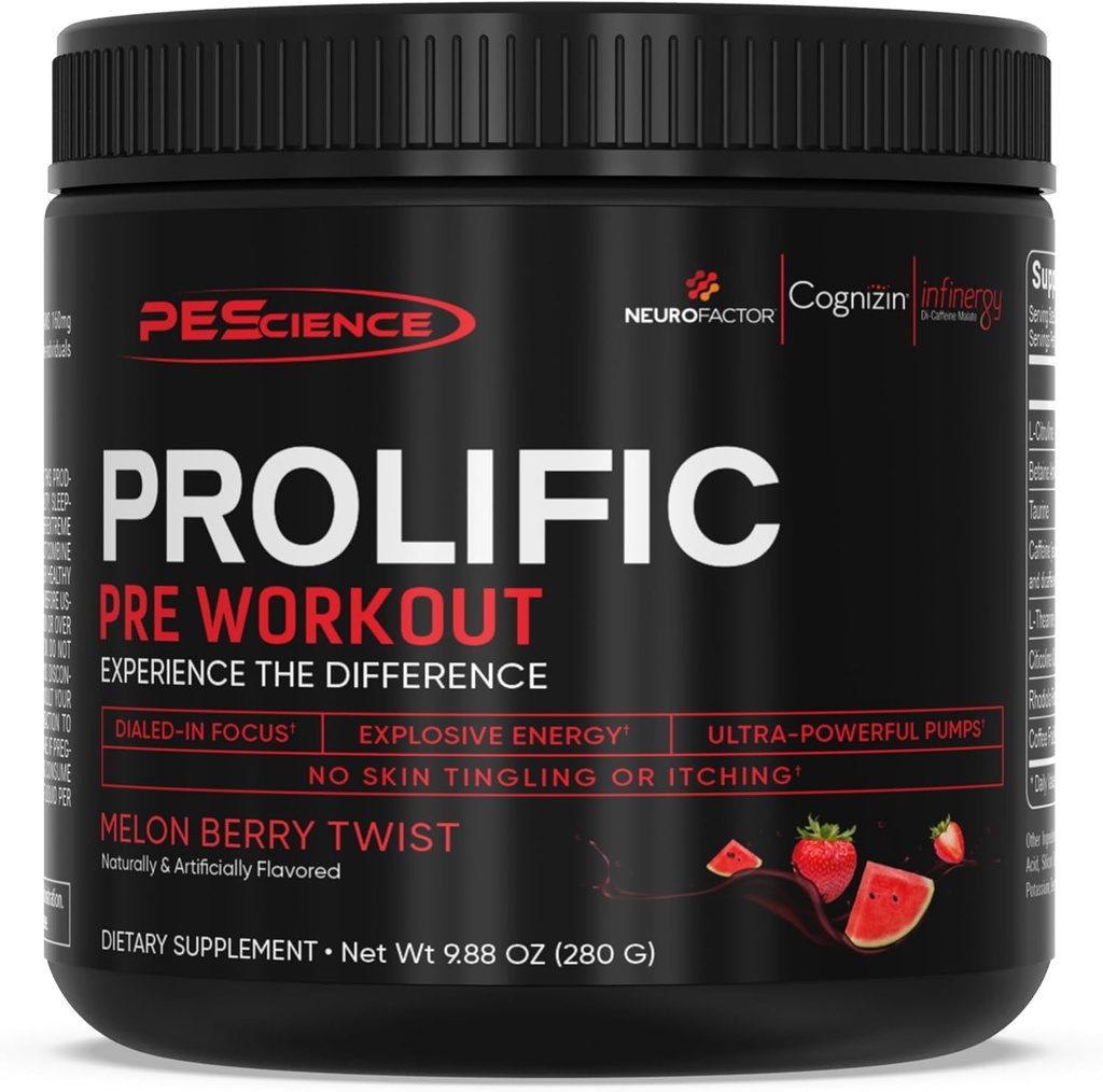 PEScience Prolifique Poudre de pré-entraînement pour les hommes et les femmes avec L-Citrulline, Booster d'oxyde nitrique, Poudre d'énergie et Nootropic pour Focus – Pré-travail sans Beta Alanine – 40 Scoops, Melon Berry Twist