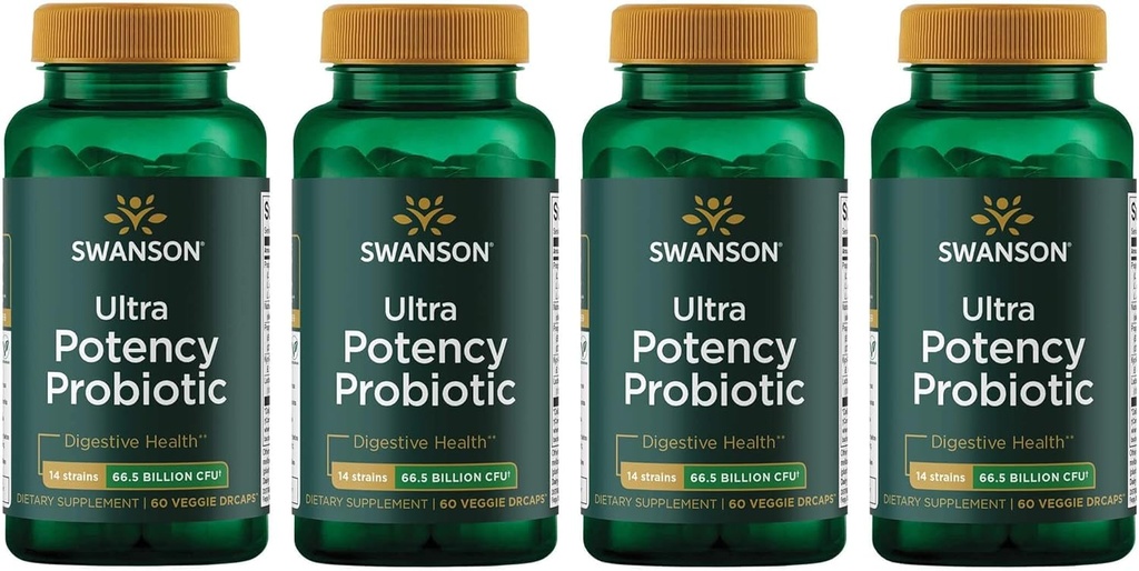 Swanson Ultra Potency Probiotic Digestive Health Immune System Support 66 Million CFU Prébiotique NutraFlora scFOS 60 DRcaps Capsules de Véggie (Caps) (4 Pack)